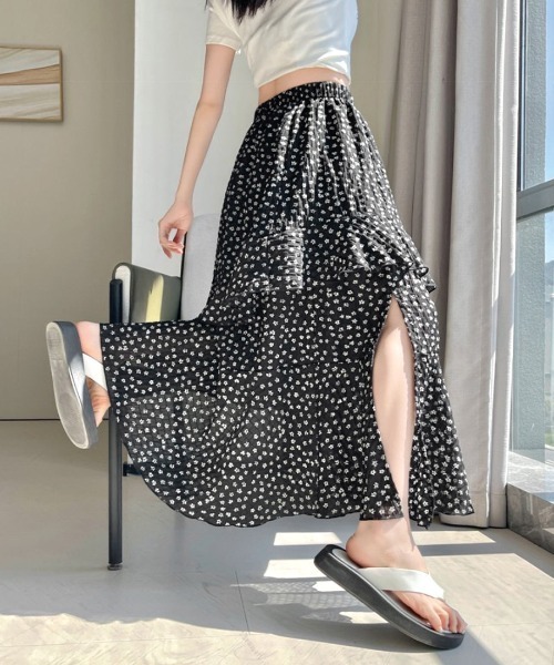 定価3.53万 ハウスオブロータス シルク混 総柄スカート サイドリボン 春夏 Riff（リフ） ロング スカート 夏 花柄サイドスリットフレアロング