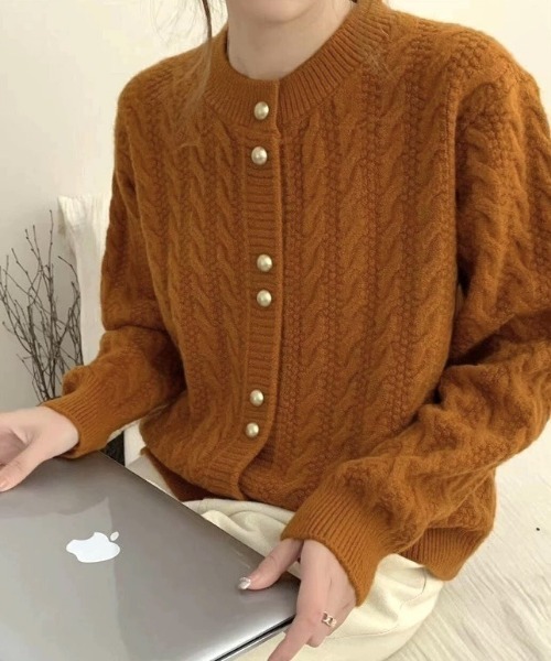 カーディガン ケーブル編みクルーネックカーディガン レディース