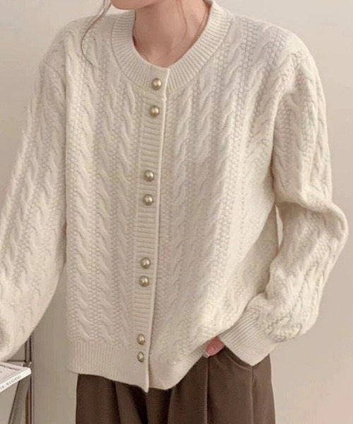 23区　アイボリー ケーブル編み カーディガン カーディガン ケーブル編みクルーネックカーディガン レディース