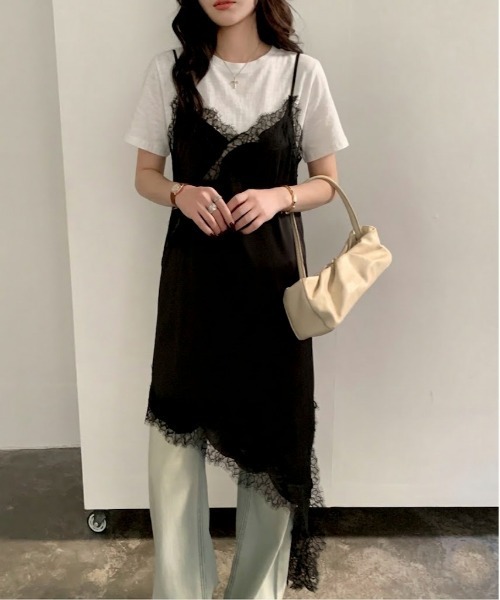 Maison Calme ワンピース 「26年春夏新作」レース切り替えサテン