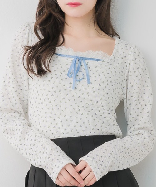 エムズエキサイト Emsexcite トップス トレーナー レディース 長袖 花 Emsexcite（エムズエキサイト） tシャツ 小花柄ワッフルロンTEE