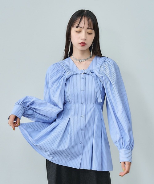 ハート レーヨン混 ストライプ ノースリーブ シャツ トップス レディース ブルー 2 HA53FJ617 2 HARE（ハレ） ブラウス シャツ 2Pボレロ/ノースリーブシャツ(HARE