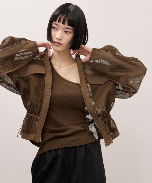 ブラウス シャツ ドロストメッシュシャツ レディースの画像