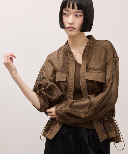 ブラウス シャツ ドロストメッシュシャツ レディースの画像