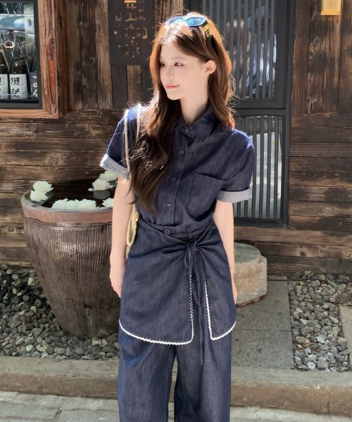 FAVORITO セットアップ デニムシャツラップスカートパンツセットアップ