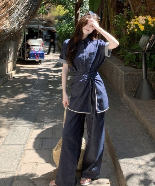 FAVORITO セットアップ デニムシャツラップスカートパンツセットアップ