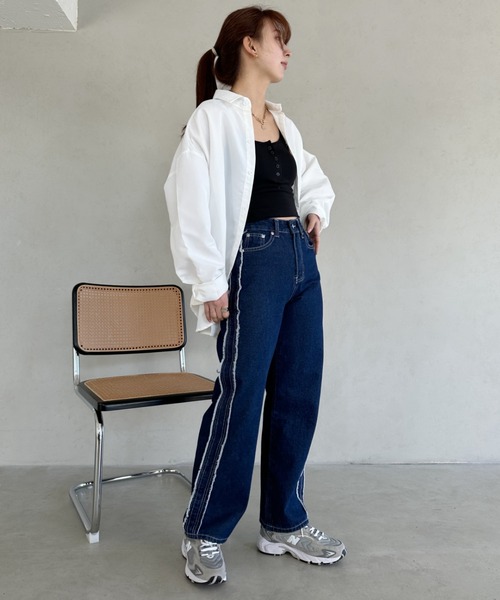 【関税込み】FRAME ネイビー ユーティリティ ジーンズ un+frame ジーンズ デニム デニムパンツ side fringe wide denim