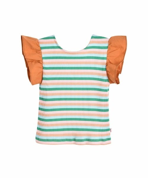 ポンポタグ付き袖フリルつきボーダーTシャツ120-130と150 ポンポタグ付き袖フリルつきボーダーTシャツ120-130と150