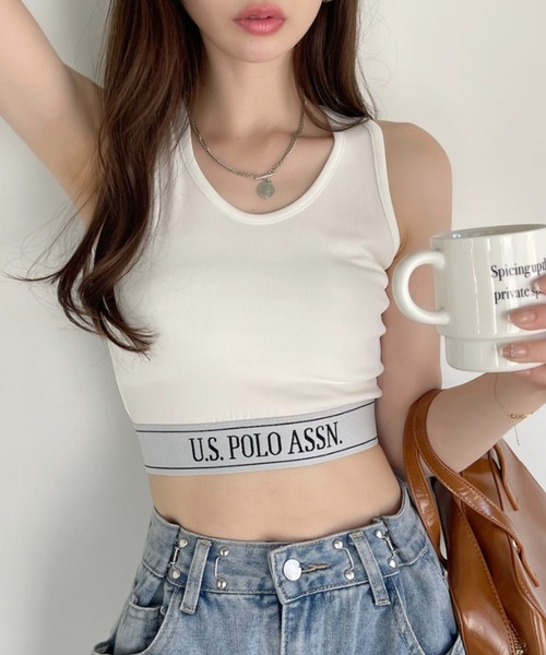 POLO ホワイト ノースリーブ トップス　完売品 リブド コットン タンク トップ（タンクトップ）｜POLO RALPH