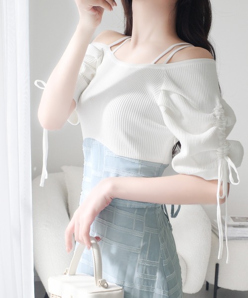 【mily bilet】1枚でスタイリングが完成！オフショル２WAYリボン使いシャイニーシアー袖ドッキングワンピース(ロング丈) mi1139054 main image 0