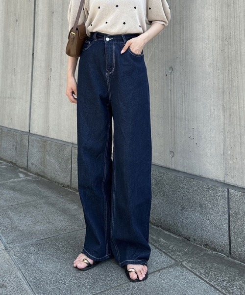 オシャレ ハイウエスト ワイド 切り替えデニムパンツ オシャレ ハイウエスト ワイド 切り替えデニムパンツ 2タイプ
