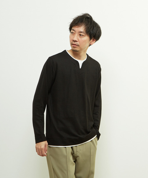 メンズメルローズ（MEN’S MELROSE）/リンクスストライプ フェイクレイヤーキーネックTシャツ MEN'S MELROSE tシャツ リンクスストライプフェイクレイヤード