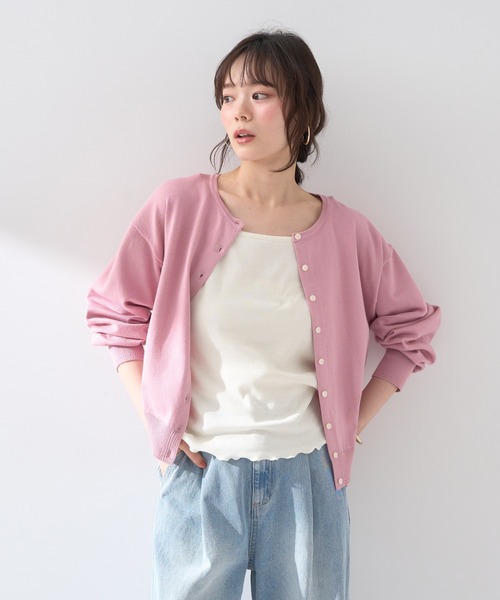 カーディガン 「UVカット」クルーネッククロップドジャケット風ニットカーディガン レディース クルーネッククロップドジャケット風長袖ニットカーディガン