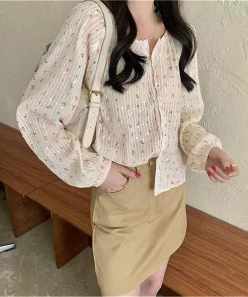 ブラウス シャツ ノーカラー花柄シフォンシャツ レディース