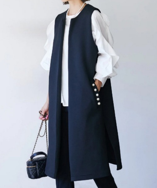 トレフルプラスワン　パールボンディングジレ　ジレ　ロングジレ　パール　ベスト 楽天市場】ジレ ベスト パール ボタン 上品 ロングジレ レディース 春