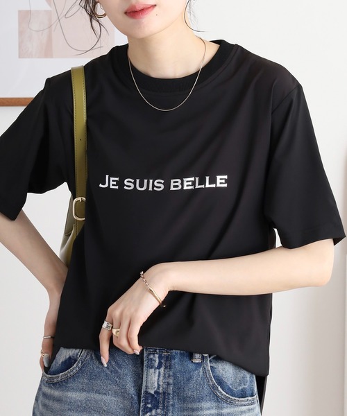 tシャツ EGLANTINE 前後２ｗａｙプルオーバー 箔プリントロゴ×ヘンリーネック 半袖つるサラカットソー レディース