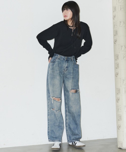 [Auntie Rosa Holiday] повреждение обработка Denim брюки LARGE голубой женский 