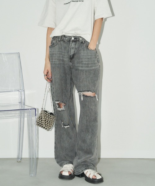 [Auntie Rosa Holiday] повреждение обработка Denim брюки LARGE голубой женский 