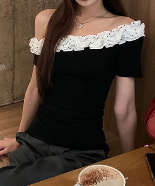 tシャツ 水玉フリルオフショルダー半袖トップス レディース
