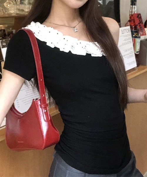 tシャツ 水玉フリルオフショルダー半袖トップス レディース SPIGA tシャツ 水玉フリルオフショルダー半袖トップス