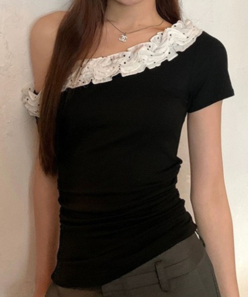tシャツ 水玉フリルオフショルダー半袖トップス レディース SPIGA tシャツ 水玉フリルオフショルダー半袖トップス