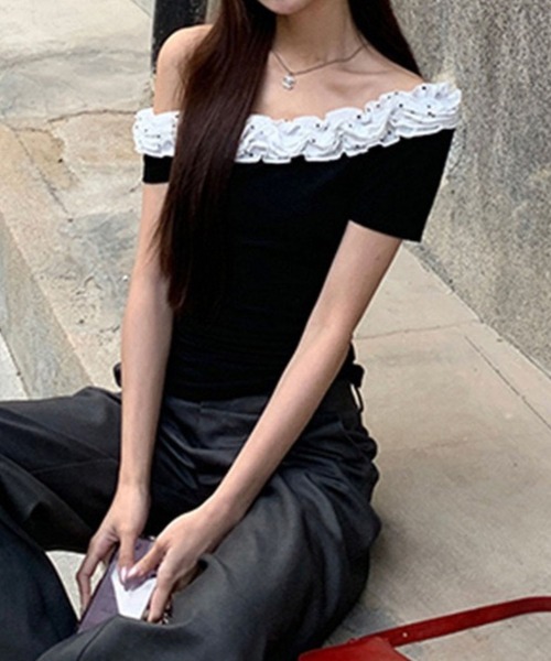 tシャツ 水玉フリルオフショルダー半袖トップス レディース SPIGA tシャツ 水玉フリルオフショルダー半袖トップス