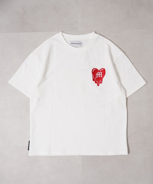 プレゼントに最適♡スタッズ付き特大赤目ハート半袖 T シャツ ホワイト M MEMORY tシャツ 「MEMORY」ドリップハート スウェット S/S Tシャツ