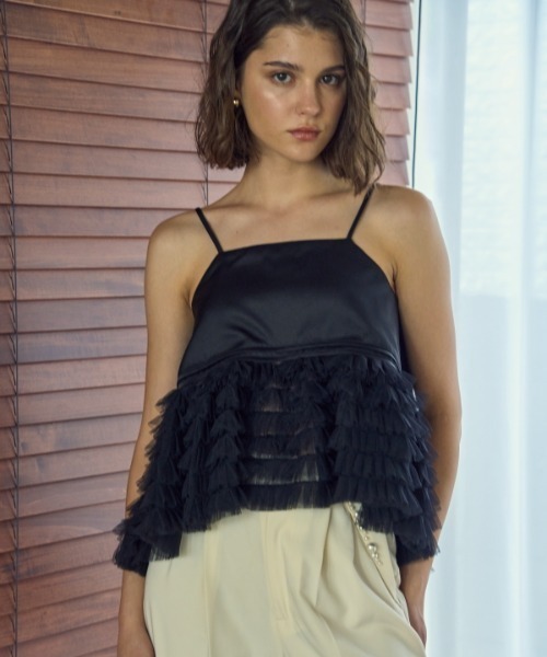 キャミソール Tulle tiered SatinCamisole top チュールティアードサテンキャミTOP