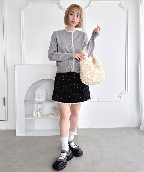 美品　ルネ　レース　白襟　パールボタン　サマーニット　カーディガン　パフスリーブ Loueme ニット セーター パールボタンレーストリムカーディガン