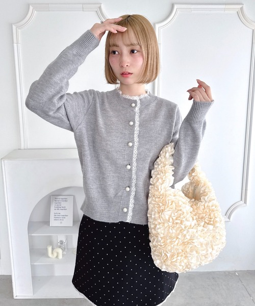 Loueme ニット セーター パールボタンレーストリムカーディガン