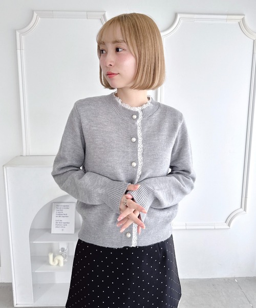 Loueme ニット セーター パールボタンレーストリムカーディガン