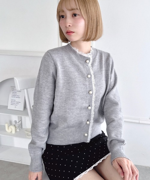Loueme ニット セーター パールボタンレーストリムカーディガン