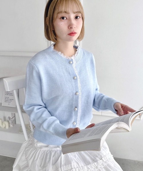 Loueme ニット セーター パールボタンレーストリムカーディガン