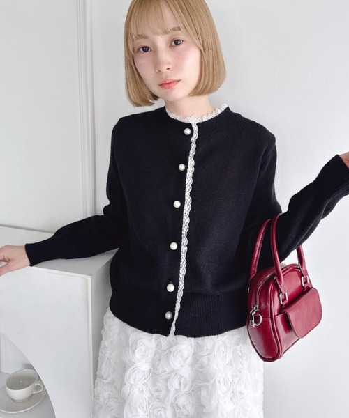 Loueme ニット セーター パールボタンレーストリムカーディガン