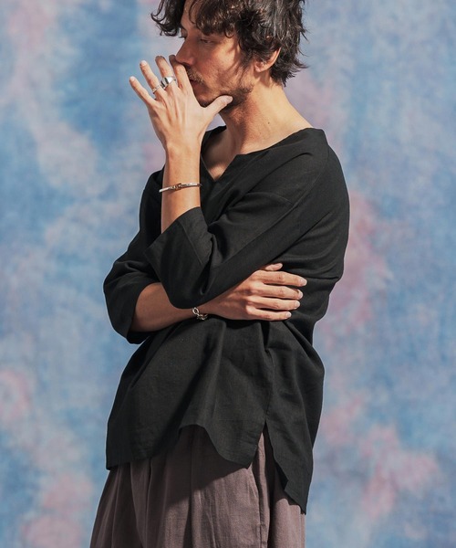 「Jih Nunc」 7分袖シャツ M ブラウン メンズ_画像6