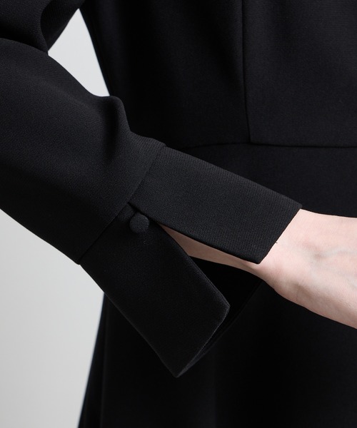 ワンピース 「喪服・礼服」ウォッシャブル カフススリーブAラインフレアブラックフォーマルワンピースの画像