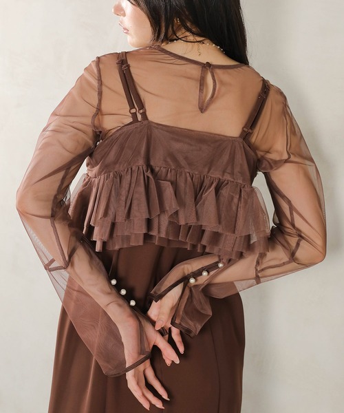 kana ブラウン オフショルダー レース ロングドレス M Kana ドレス エンブロイダリーレース チュール フレア ビスチェ シアー