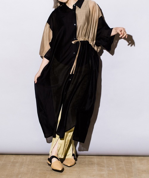 「OSMOSIS」 シャツワンピース ONE SIZE カーキ レディース_画像9