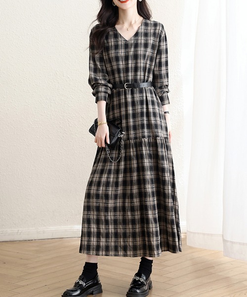 ＆soiree（アンドソワレ） ワンピース Vネックチェック柄ロング
