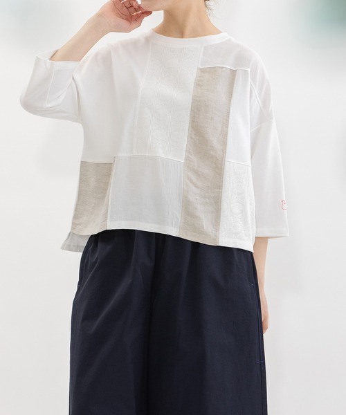 ꕤ新品タグ付ꕤnop de nod 今季　/リネンコットンmisc布帛Tシャツ nop de nod（ノップドゥノッド） tシャツ USコットンmisc布帛7分袖T