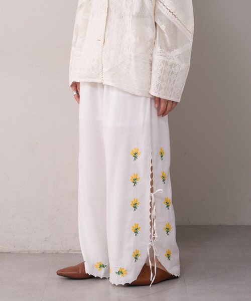 WILLOW ワイドパンツ パンツ 「willow」スカラップサイド刺繍パンツ