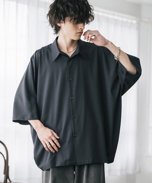 STONE  半袖シャツ ブラック Rocky Monroe（ロッキーモンロー） シャツ 半袖 接触冷感 とろみビッグ