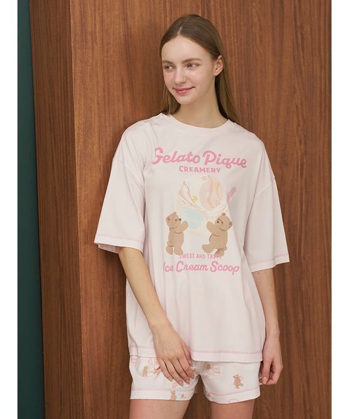 パジャマ ルームウェア アイスクリームベアワンポイントTシャツ レディースの画像
