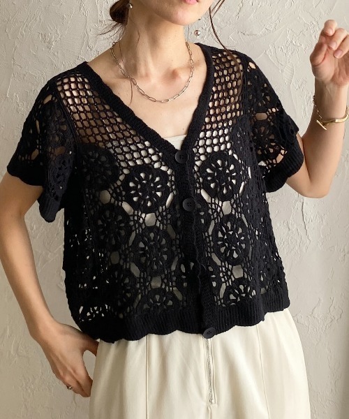 She's Closet カーディガン 半袖 綿100% 半袖 ショート丈 Vネック
