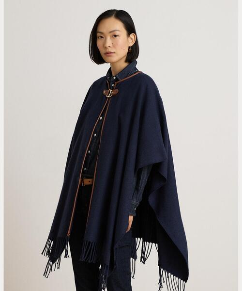 美品RALPHLAUREN ラルフローレン ウールケープコートポンチョマント白黒 LAUREN RALPH LAUREN レディースケープ、ポンチョ、マント｜コート