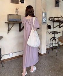yori パフスリーブ　リボンワンピース　ワンピース　サロペット　半袖　リボン shopnikoniko ワンピース 夏 ロング丈 半袖 バックリボン