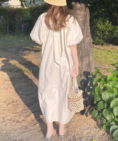 shopnikoniko ワンピース 夏 ロング丈 半袖 バックリボン