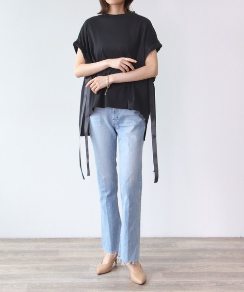tシャツ L3 RIBBON T-SHIRT レディース TITE IN THE STORE tシャツ リボンテープ袖ギャザーTシャツ