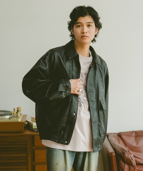 LEATHER JACKET シンプル レザージャケット ブルゾン 送料無料 セール】AW 2WAY レトロライク 3Dポケット シンセティックレザー
