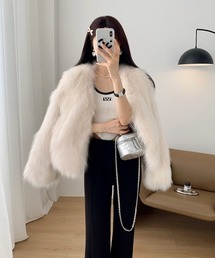 コート アウター ノーカラー ショート丈 フェイクファーコート